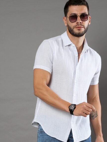 HERE&NOW Striped Spread Collar Cotton Slim Fit Casual Shirt