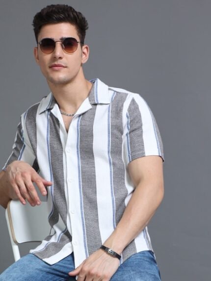 HERE&NOW White Slim Fit Vertical Striped Cuban Collar Cotton Casual Shirt