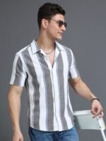 HERE&NOW White Slim Fit Vertical Striped Cuban Collar Cotton Casual Shirt