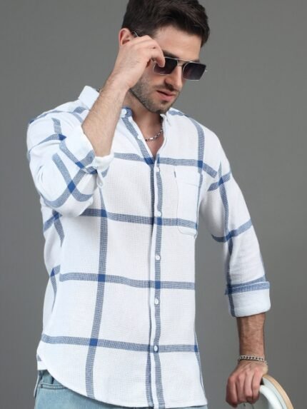 HERE&NOW White Slim Fit Windowpane Checks Cotton Casual Shirt