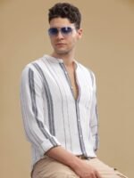 HERE&NOW White Striped Cotton Mandarin Collar Curved Slim Fit Casual Shirt