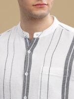 HERE&NOW White Striped Cotton Mandarin Collar Curved Slim Fit Casual Shirt