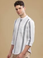 HERE&NOW White Striped Cotton Mandarin Collar Curved Slim Fit Casual Shirt