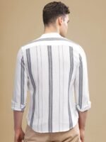 HERE&NOW White Striped Cotton Mandarin Collar Curved Slim Fit Casual Shirt