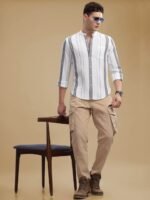 HERE&NOW White Striped Cotton Mandarin Collar Curved Slim Fit Casual Shirt