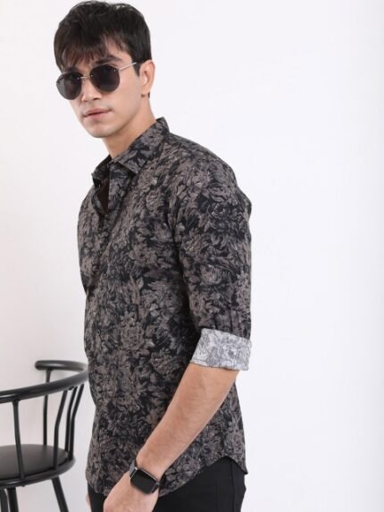 HIGHLANDER Black Floral Printed Long Sleeves Slim Fit Cotton Casual Shirt