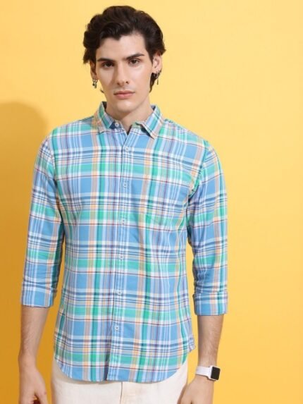 HIGHLANDER Blue Slim Fit Tartan Checked Casual Shirt