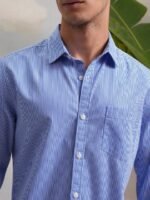 HIGHLANDER Classic Slim Fit Vertical Striped Spread Collar Cotton Casual Shirt