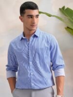 HIGHLANDER Classic Slim Fit Vertical Striped Spread Collar Cotton Casual Shirt