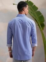 HIGHLANDER Classic Slim Fit Vertical Striped Spread Collar Cotton Casual Shirt