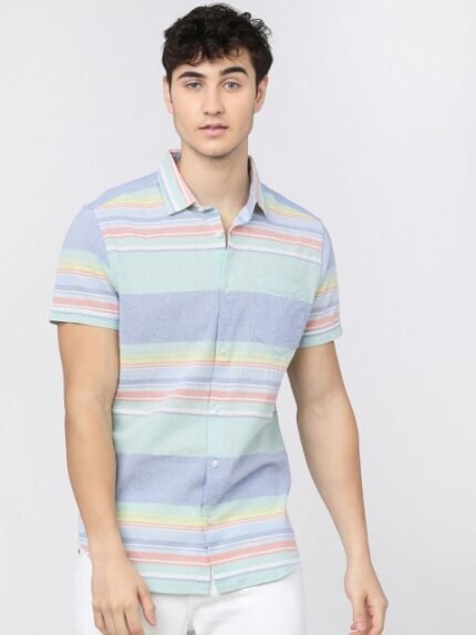 HIGHLANDER Men Blue & Green Slim Fit Opaque Striped Cotton Casual Shirt