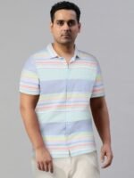 HIGHLANDER Men Blue & Green Slim Fit Opaque Striped Cotton Casual Shirt