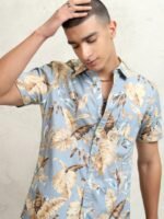 HIGHLANDER Men Blue Slim Fit Tropical Cotton Printed Casual Shirt
