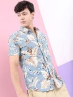 HIGHLANDER Men Blue Slim Fit Tropical Cotton Printed Casual Shirt