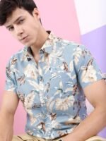 HIGHLANDER Men Blue Slim Fit Tropical Cotton Printed Casual Shirt