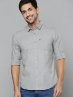 HIGHLANDER Men Grey Cotton Linen Solid Slim Fit Casual Shirt