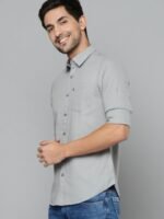 HIGHLANDER Men Grey Cotton Linen Solid Slim Fit Casual Shirt