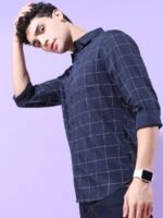 HIGHLANDER Men Navy Blue Slim Fit Checked Casual Shirt