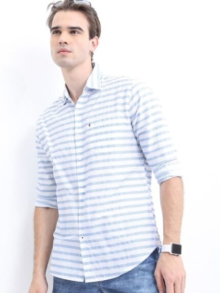 HIGHLANDER Men Slim Fit Horizontal Striped Casual Cotton Shirt