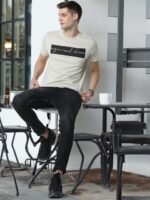 Huetrap Men Beige & Black Typography Printed Sustainable T-shirt