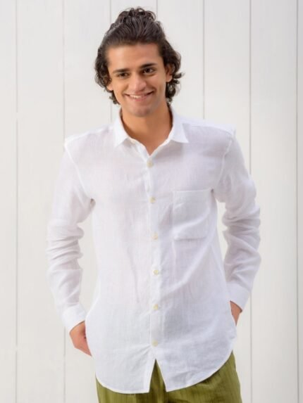 KINGDOM OF WHITE Spread Collar Pure Linen Casual Shirt