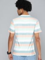 Kook N Keech Men White Teal Blue Striped Round Neck Pure Cotton Relaxed T-shirt