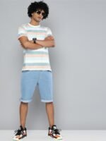 Kook N Keech Men White Teal Blue Striped Round Neck Pure Cotton Relaxed T-shirt