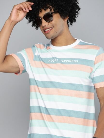 Kook N Keech Men White Teal Blue Striped Round Neck Pure Cotton Relaxed T-shirt