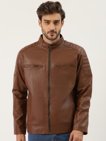 Leather Retail Men Brown Solid Leather Jacket