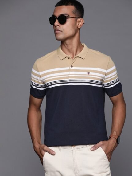 Louis Philippe Sport Men Beige & Navy Blue Striped Polo Collar T-shirt