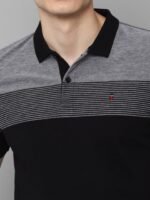 Louis Philippe Sport Men Black Striped Polo Collar Slim Fit Pure Cotton T-shirt