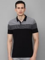 Louis Philippe Sport Men Black Striped Polo Collar Slim Fit Pure Cotton T-shirt