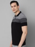 Louis Philippe Sport Men Black Striped Polo Collar Slim Fit Pure Cotton T-shirt