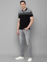 Louis Philippe Sport Men Black Striped Polo Collar Slim Fit Pure Cotton T-shirt