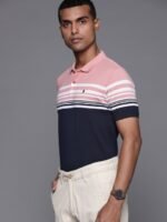 Louis Philippe Sport Men Pink & Navy Blue Striped Polo Collar T-shirt