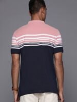 Louis Philippe Sport Men Pink & Navy Blue Striped Polo Collar T-shirt