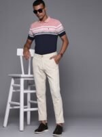 Louis Philippe Sport Men Pink & Navy Blue Striped Polo Collar T-shirt