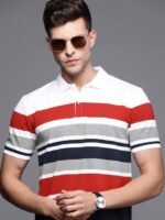 Louis Philippe Sport Men White & Red Striped Polo Collar T-shirt