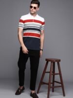 Louis Philippe Sport Men White & Red Striped Polo Collar T-shirt