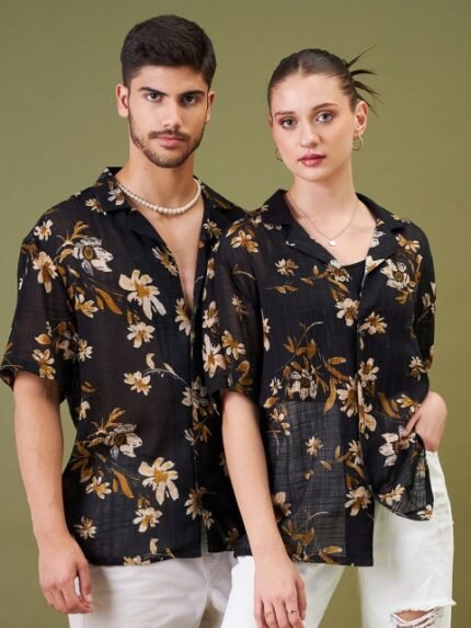 MASCLN SASSAFRAS Unisex Relaxed Floral Printed Cuban Collar Casual Shirt