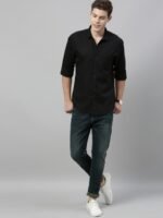 Mast & Harbour Men Black Regular Fit Solid Sustainable Casual Cotton Linen Shirt