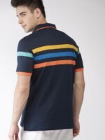 Mast Harbour Men Navy Blue Striped Polo Collar Pure Cotton T-shirt