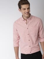 Mast & Harbour Men Pink & White Slim Fit Striped Casual Sustainable Shirt