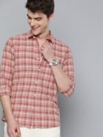 Mast & Harbour Men Rust Pink & Maroon Regular Fit Checked Casual Cotton Linen Sustainable Shirt