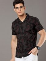 Moda Rapido Black Floral Printed Cuban Collar Slim Fit Cotton Casual Shirt