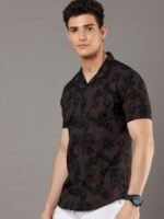 Moda Rapido Black Floral Printed Cuban Collar Slim Fit Cotton Casual Shirt