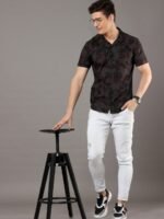 Moda Rapido Black Floral Printed Cuban Collar Slim Fit Cotton Casual Shirt