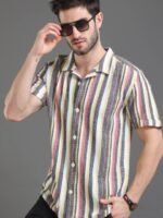 Moda Rapido Grey Slim Fit Striped Short Sleeves Cotton Casual Shirt