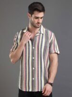 Moda Rapido Grey Slim Fit Striped Short Sleeves Cotton Casual Shirt