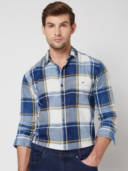 Mufti spread collar Long Sleeves Slim Fit Tartan Checked Casual Cotton Shirt